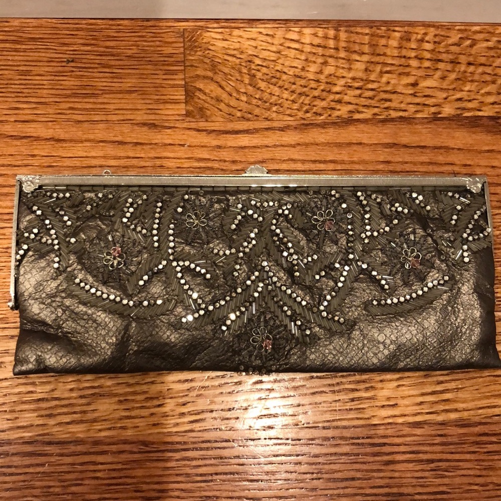 Badgley Mischka lambskin beaded bronze clutch